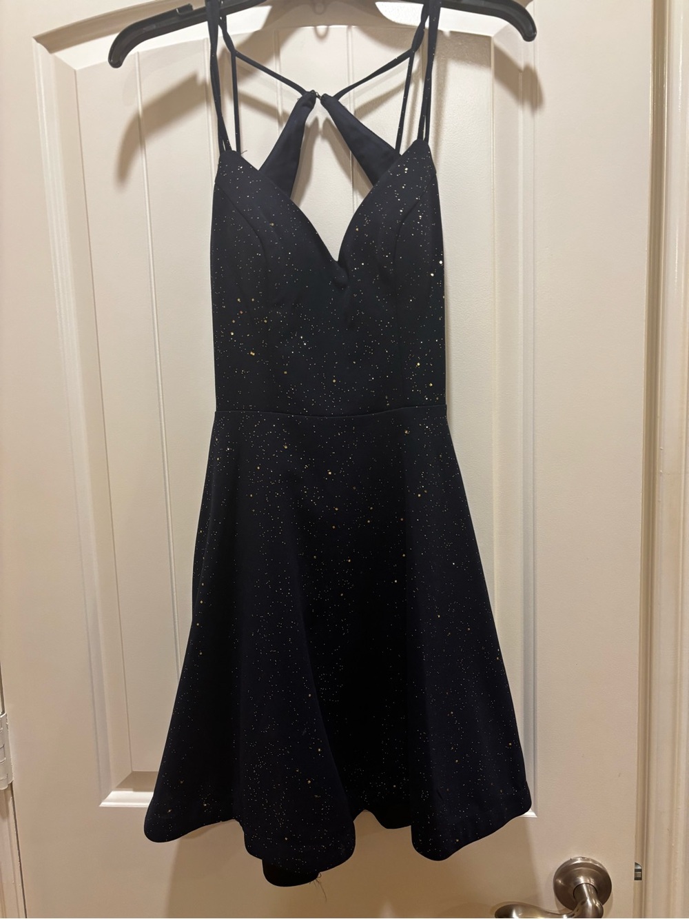 Navy Blue with Gold Sparkle A-Line Dress with Strappy Back